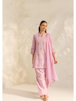 DOHR INDIA - Women Cotton Slub Embroidered Lavender Kurti and Salwar with Dupatta