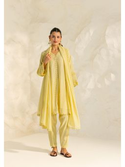 DOHR INDIA - Women Cotton Silk Solid/Plain Yellow Kurta and Salwar with Dupatta