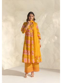 DOHR INDIA - Women Cotton Floral Yellow Angrakha and Palazzo
