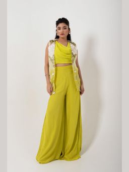 SMRITI - Green Embellished Prairie Sequin Top and Palazzo with Jacket