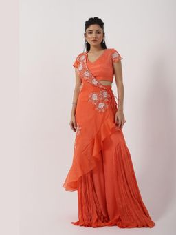 SMRITI - Orange Embellished Cinnamon Spice One Shoulder Cape with Top and Palazzo