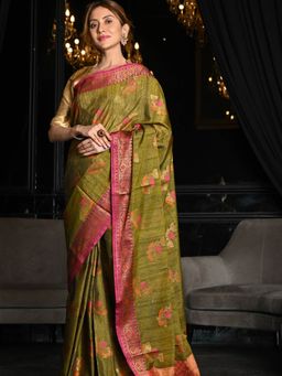 Beatitude - Deep Olive Green Shade Desi Tussar Banarasi Handwoven Saree with Unstitched Blouse