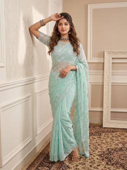Nyri - Womens Georgette Light Blue Embellished Designer Saree with Blouse Piece