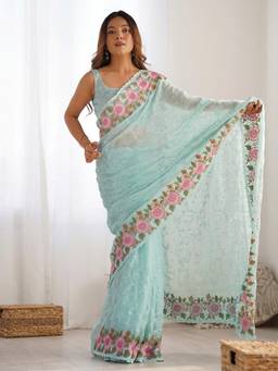 Nyri - Womens Georgette Blue Embellished Designer Saree with Blouse Piece