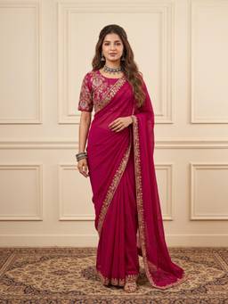 Nyri - Womens Vichitra Silk Pink Embellished Designer Saree with Blouse Piece