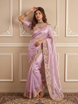 Nyri - Womens Organza Lavender Embellished Designer Saree with Blouse Piece