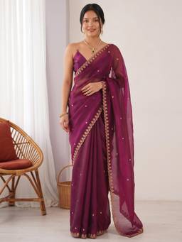 Nyri - Womens Paper Silk Magenta Zari Embroidered Designer Saree with Blouse Piece