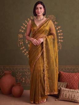 Nyri - Womens Paper Silk Gold Embellished Designer Saree with Blouse Piece