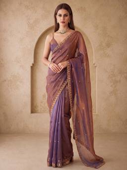 Nyri - Womens Paper Silk Rose Gold Embellished Designer Saree with Blouse Piece