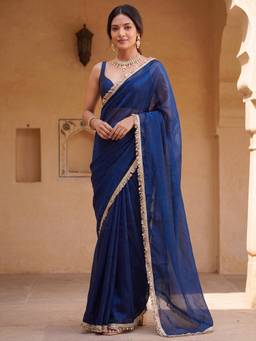 Nyri - Womens Satin Teal Embellished Designer Saree with Blouse Piece