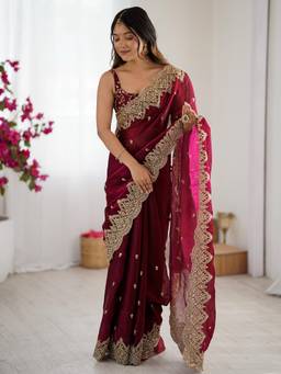 Nyri - Womens Chiffon Burgundy Embellished Designer Saree with Blouse Piece