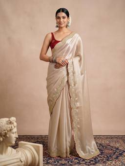Nyri - Womens Satin Beige Embellished Designer Saree with Blouse Piece