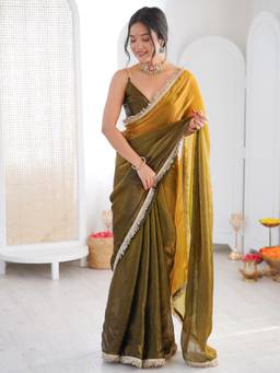Nyri - Womens Paper Silk Olive Embellished Designer Saree with Blouse Piece
