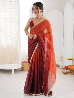 Nyri - Womens Paper Silk Brown Embellished Designer Saree with Blouse Piece