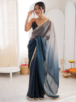Nyri - Womens Paper Silk Teal Embellished Designer Saree with Blouse Piece
