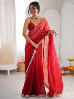 Nyri - Womens Paper Silk Red Embellished Designer Saree with Blouse Piece