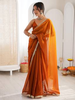 Nyri - Womens Paper Silk Bronze Embellished Designer Saree with Blouse Piece