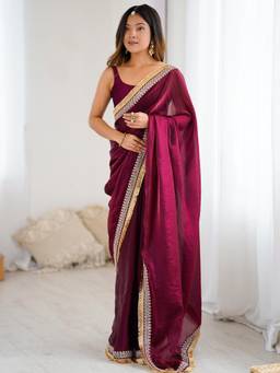 Nyri - Womens Satin Wine Embellished Designer Saree with Blouse Piece