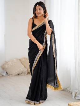 Nyri - Womens Satin Black Embellished Designer Saree with Blouse Piece