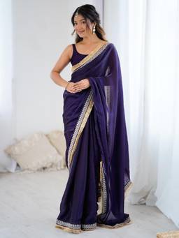 Nyri - Womens Satin Purple Embellished Designer Saree with Blouse Piece
