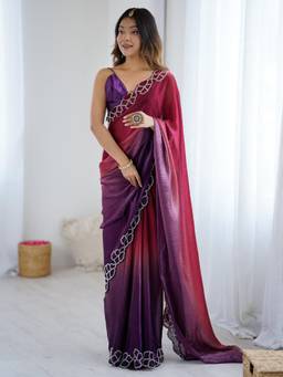 Nyri - Womens Satin Purple Embellished Designer Saree with Blouse Piece