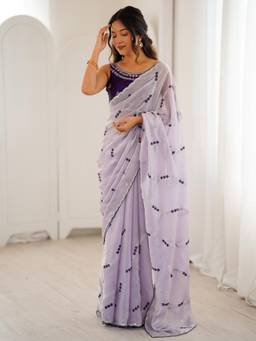 Nyri - Womens Satin Lavender Embellished Designer Saree with Blouse Piece