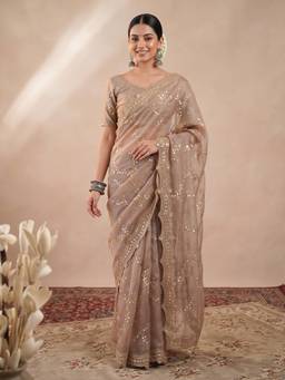 Nyri - Womens Satin Beige Embellished Designer Saree with Blouse Piece