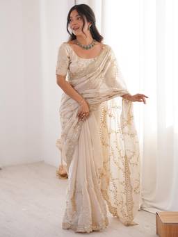 Nyri - Womens Satin Off White Embellished Designer Saree with Blouse Piece