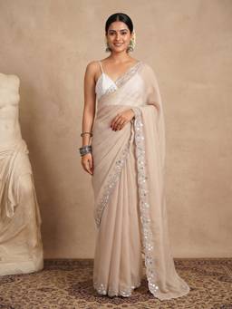 Nyri - Womens Chiffon Beige Embellished Designer Saree with Blouse Piece