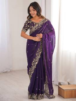 Nyri - Womens Satin Purple Embellished Designer Saree with Blouse Piece
