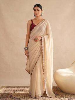 Nyri - Womens Georgette Off White Embellished Designer Saree with Blouse Piece