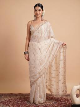 Nyri - Womens Satin Off White Embellished Designer Saree with Blouse Piece