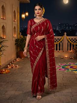 Nyri - Womens Satin Red Embellished Designer Saree with Blouse Piece