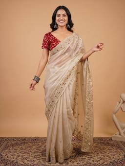 Nyri - Womens Organza Off White Embellished Designer Saree with Blouse Piece