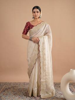 Nyri - Womens Satin Cream Embellished Designer Saree with Blouse Piece