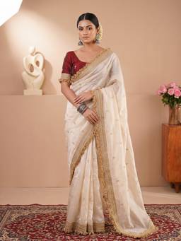 Nyri - Womens Satin Off White Embellished Designer Saree with Blouse Piece