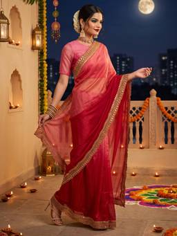 Nyri - Womens Satin Red Embellished Designer Saree with Blouse Piece
