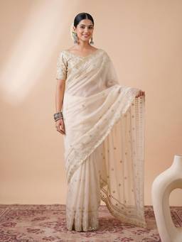 Nyri - Womens Satin Off White Embellished Designer Saree with Blouse Piece