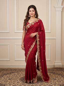 Nyri - Womens Vichitra Silk Red Embellished Designer Saree with Blouse Piece
