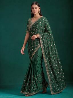 Nyri - Womens Satin Green Embellished Heavy Work with Blouse Piece
