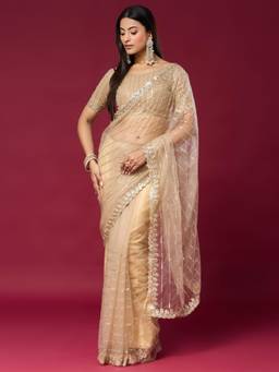 Nyri - Womens Net Beige Zari Embroidered Designer Saree with Blouse Piece
