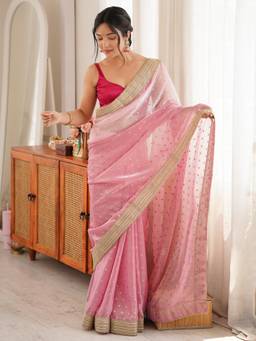 Nyri - Womens Silk Blend Pink Embellished Designer Saree with Blouse Piece