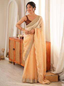 Nyri - Womens Silk Blend Peach Embellished Designer Saree with Blouse Piece