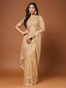 Nyri - Womens Net Beige Embellished Heavy Work with Blouse Piece