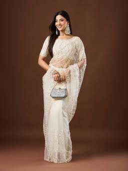 Nyri - Womens Net White Embellished Heavy Work with Blouse Piece