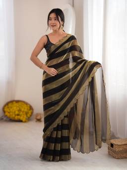 Nyri - Womens Satin Black Printed Designer Saree with Blouse Piece