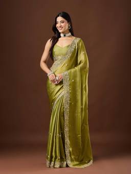 Nyri - Womens Chinnon Olive Zari Embroidered Designer Saree with Blouse Piece