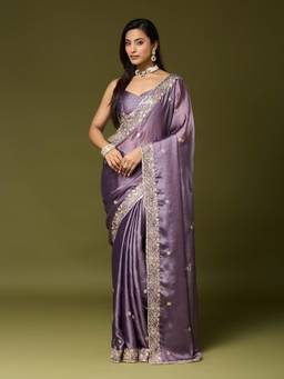 Nyri - Womens Chinnon Lavender Zari Embroidered Designer Saree with Blouse Piece