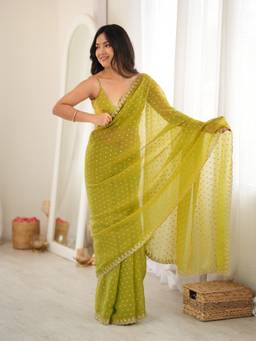 Nyri - Womens Georgette Lime Green Embellished Designer Saree with Blouse Piece