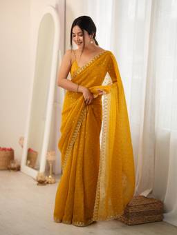 Nyri - Womens Georgette Mustard Embellished Designer Saree with Blouse Piece